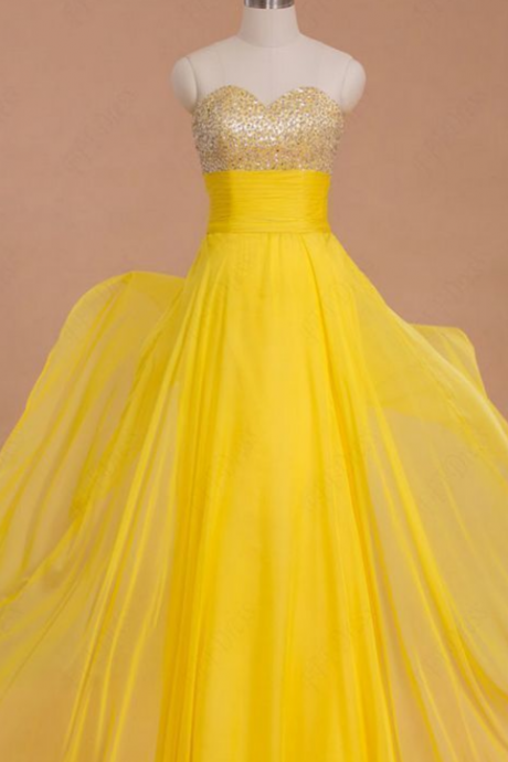 Beaded Yellow Chiffon Long Prom Dresses Evening Dresses Party Dresses Sexy Chiffon Prom Gowns