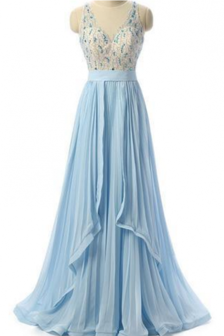 Gorgeous A-line Scoop-Neck Floor-Length Chiffon Prom Dresses With Rhine Stones