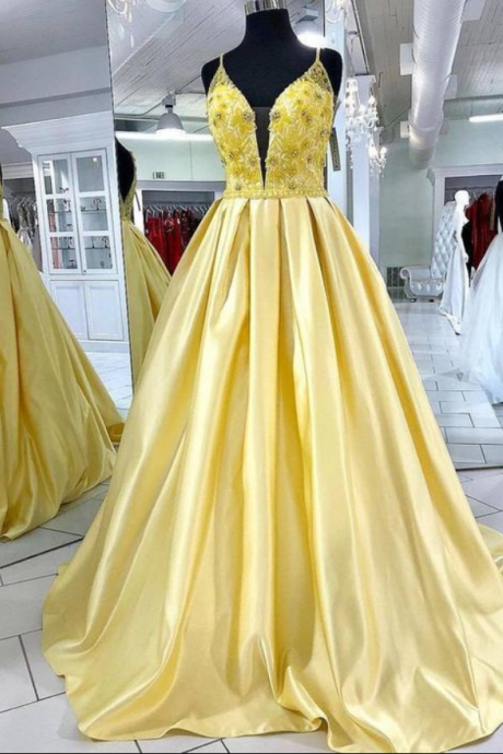Fabulous Elegant Spaghetti Straps Beading Yellow Formal Prom Dress
