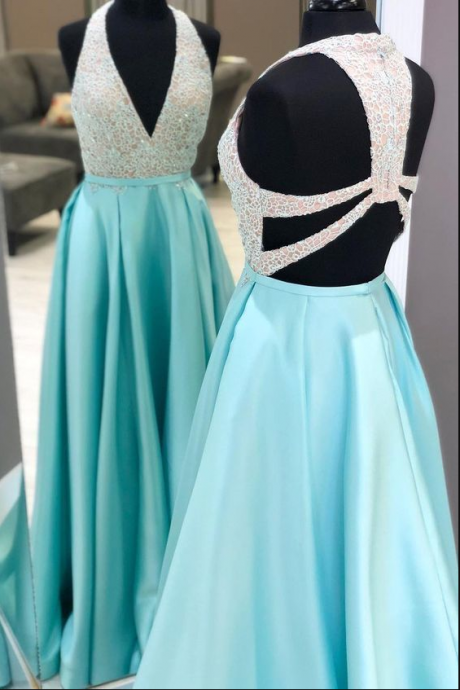 Gorgeous Elegant Custom Made Plunging Neck Long Beading Ice Blue Prom Dress