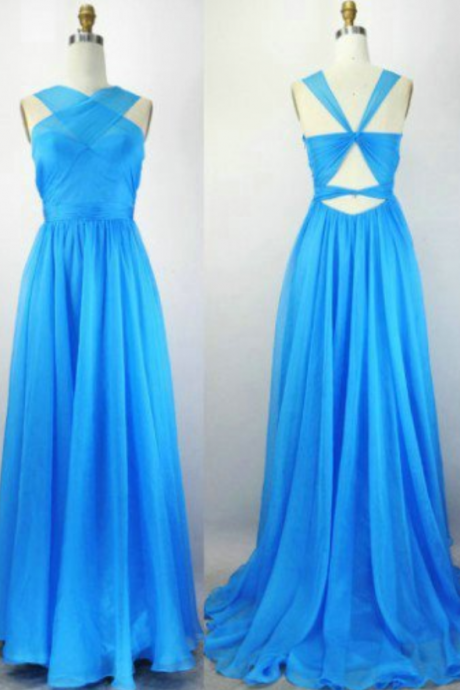 Blue Special Design Long A-line Chiffon Prom Dresses,fashion Prom Dress,sexy Party Dress,custom Made Evening Dress