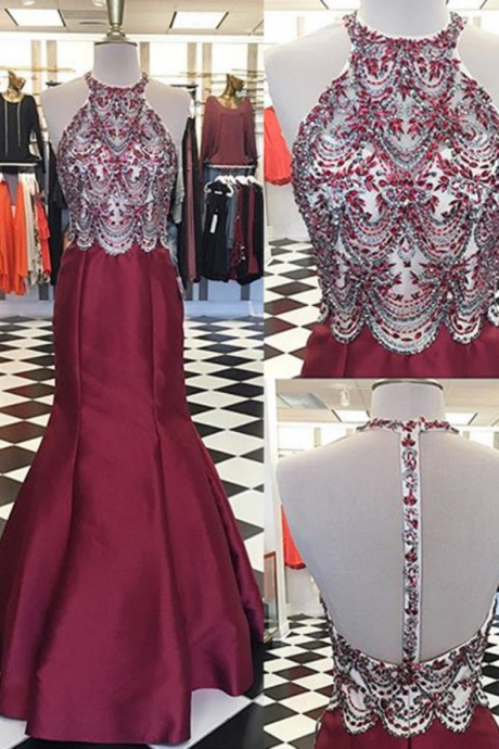 Round Neck Backless Appliques Prom Dress With Beading,fashion Prom Dress,sexy Party Dress,custom Made Evening Dress