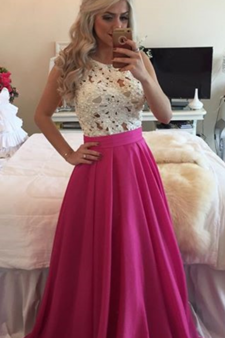 Top Selling White Lace Hot Pink Prom Dress,Cheap Prom Dresses,See Through Evening Dress,Long Graduation Dress,Formal Women Dresses