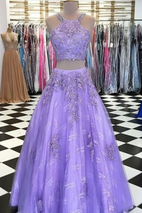 Two Piece Round Neck Lavender Lace Prom Dress With Appliques Beading