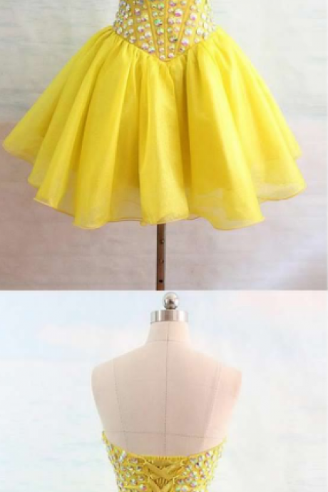 Organza Sweetheart Yellow Homecoming Dresses With Beading