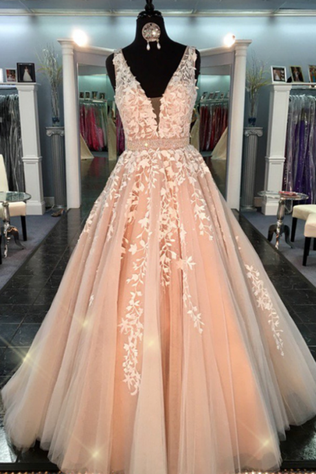 Elegant A-line Prom Dresses,straps Prom Dresses,applique Prom Dresses,deep V-neck Prom Dresses