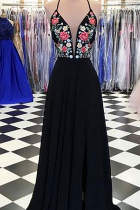 Plunging V Halter Black Chiffon Long Prom Dress, Evening Dress Featuring Floral Embroidery And Side Slit