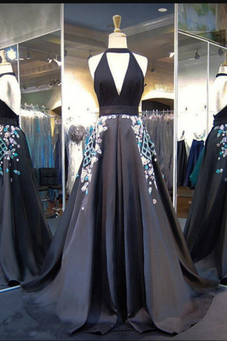 A-line Halter Black Long Prom/evening Dress With Appliques