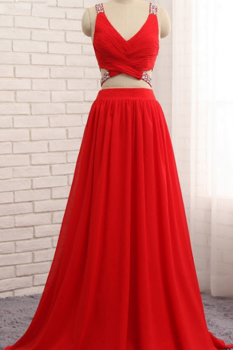 Sexy Two Pieces Chiffon Beads Red Dresses,v Neck A Line Sleeveless Long Prom Gowns