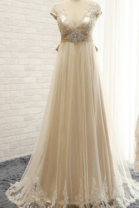 Empire V-neck Tulle Sweep Train Prom Dress,appliques Lace Bridesmaid Dresses,party Gowns , Long Prom Dresses