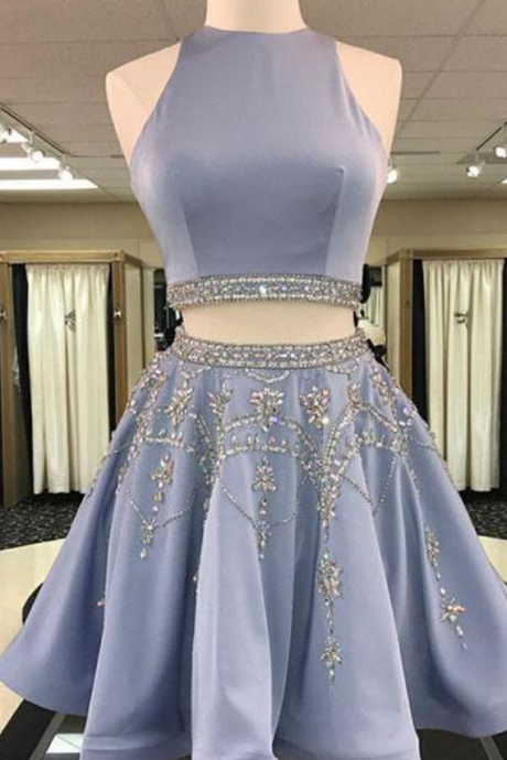 Blue Two Pieces Beads Sequin Short Prom Dress, Homecoming Dress