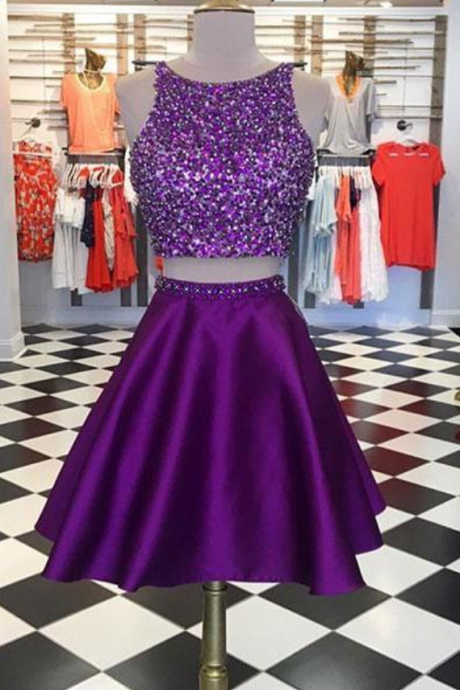Purple Two Pieces Sequin Short Prom Dress, Purple Homecoming Dress