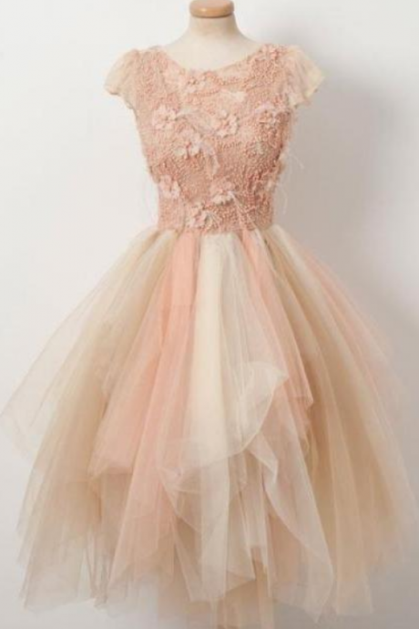 Champagne Round Neck Tulle Beads Short Prom Dress, Homecoming Dress