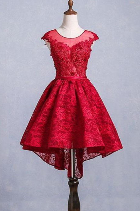 Cute Burgundy Lace Short Prom Dress, Burgundy Homecoming Dress