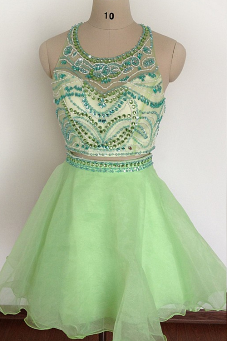 Two Pieces Light Green Short Homecoming Dresses A-line Halter Backless Beaded Crystals Prom Dresses Cocktail Gowns