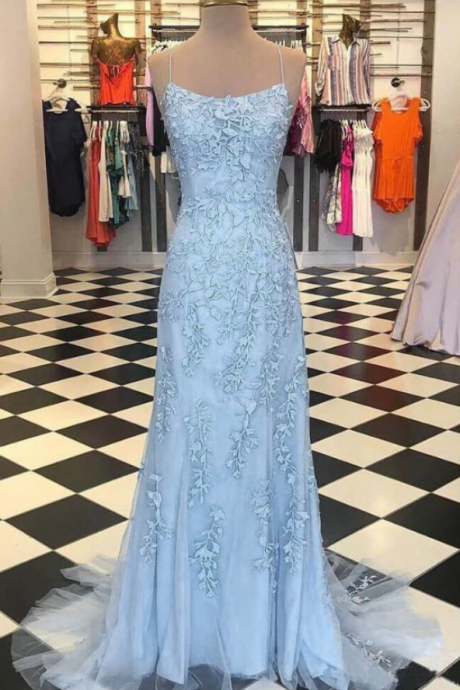 Beautiful Sleeveless Spaghetti Straps Mermaid Prom Dress,chic Lace Appliques Open Back Prom Dress.