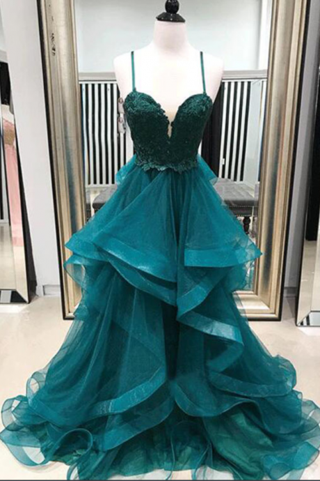 Straps Appliques Long Prom Dress, Ruffles Tulle Prom Dress, Party Dress, Sexy Evening Dress
