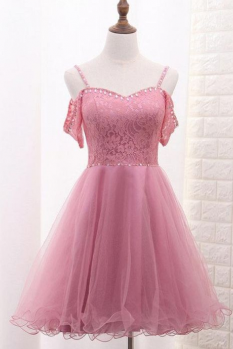 Pink Lace A Line Homecoming Dresses, Spaghetti Straps Short Tulle Homecoming Dresses With Lace Top