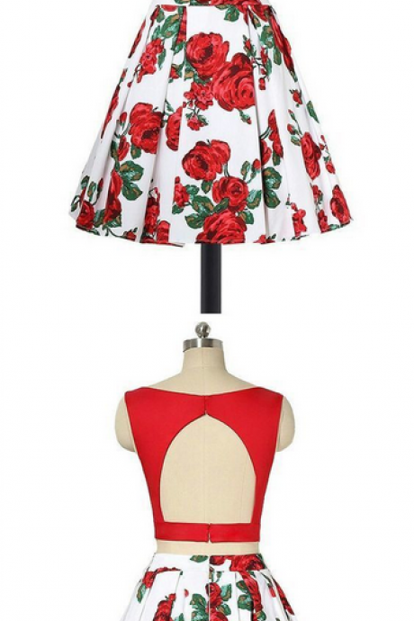 Two Pirce Bateau Knee-length Open Back Flowers Print Red Satin Homecoming Dress