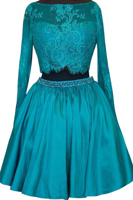 Long Sleeve Homecoming Dress, Two Piece Lace Homecoming Dress With Beaded Belt