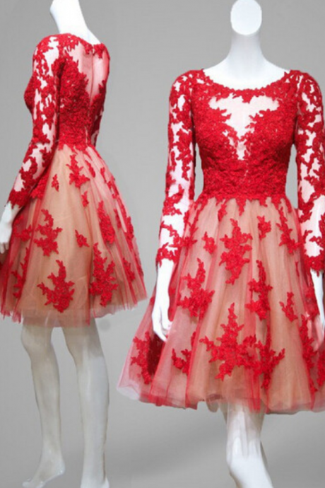  Elegant A-line Homecoming Dress,Long Sleeves Red Homecoming Dress, Lace Homecoming Dresses