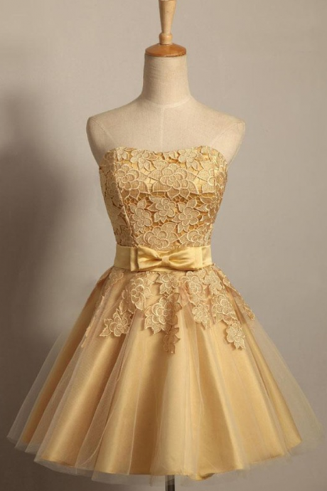 Golden Lace Tulle Satin Homecoming Dresses A Line Bows Short Strapless Graduation Party Dress Lace up Back Prom Dress Gowns