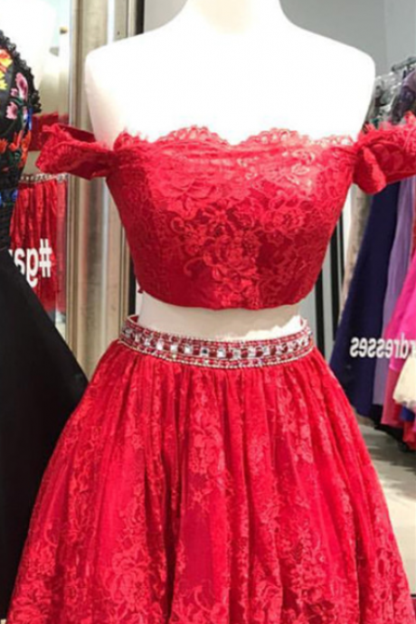 Two Piece Homecoming Dress,Lace Homecoming Dress,Red Prom Dress,Short Cocktail Dress