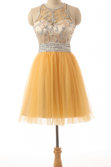Short Yellow Tulle Prom Party Dresses,a Line Homecoming Dresses,sequins Beading Crystals Cocktail Dresses,custom 8th Grade Graduation Dress