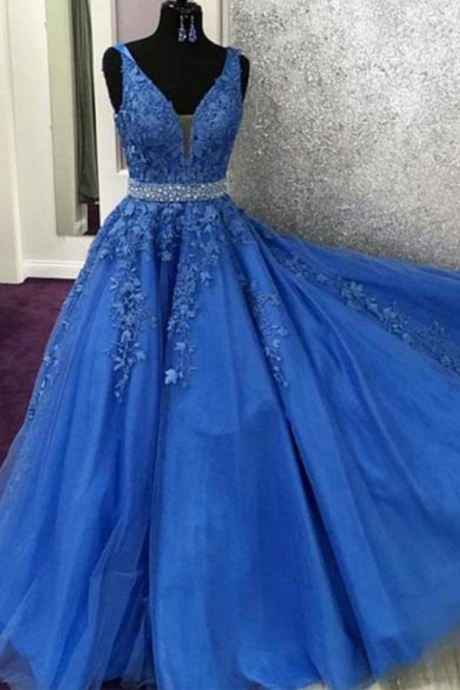 V Neck Royal Blue Lace Graduation Senior Prom Dresses Long With Beading Belt