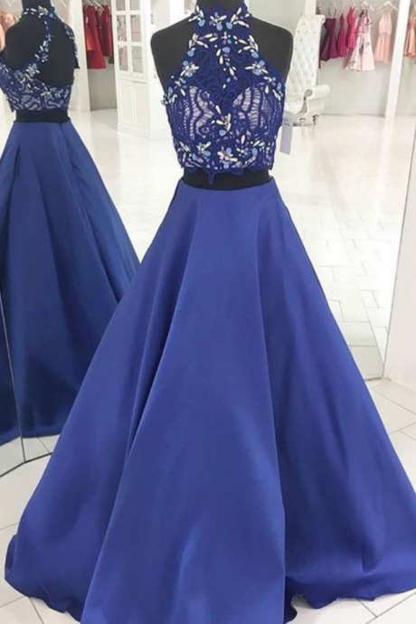 Charming Prom Dress, Elegant Two Piece Appliques Prom Dresses, Long Evening Party Dress