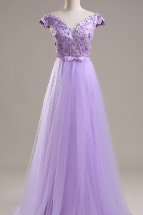 Light Purple Tulle Prom Dresses Cap Sleeves Appliques Party Dresses,formal Evening Gown