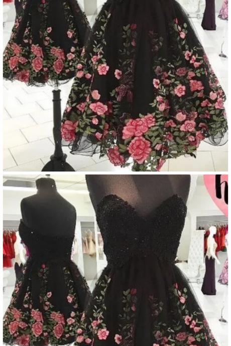 A Line Sweetheart Flower Lace Black Short Homecoming Dresses, Little Black Dresses