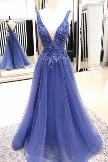 Sexy A Line Backless Long Prom Dress V-neck Strapless Evening Dresswith Appliqued Beaded, Formal Gowns