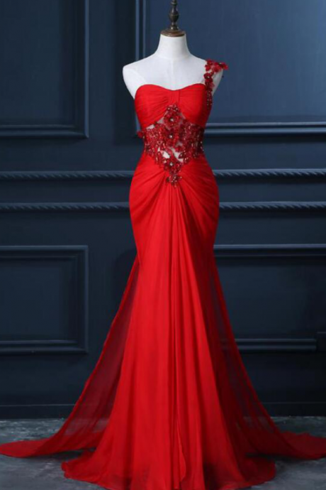 One Shoulder Prom Dress With Beaded Flowers, Unique Red Prom Gowns, Mermaid Chiffon Prom Dress