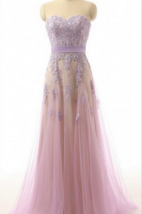 Prom Dress Pink Dress Lace Prom Dress With Light Purple Appliques Aline Style Zipper Back Sweetheart Neck Tulle Gown Elegant Pageant Dress Long