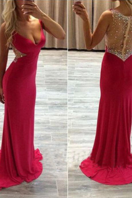 Charming Red Prom Dress,Back Sheer Prom Dress,Prom Dress with Sweep Train,See Through Prom Evening Dress,Beading Prom Gowns,Long Party Dress,Sexy Evening Dress,Evening Gowns ,Formal Dress