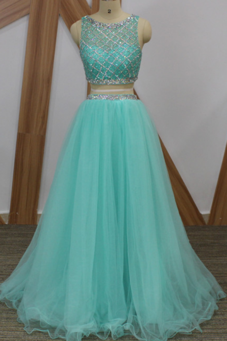 Light Blue Luxury Beaded Prom Dress,2 Piece Prom Dresses, A Line See Though Back Crop Top Long Prom Dress Sparkly Arabic Party Gowns