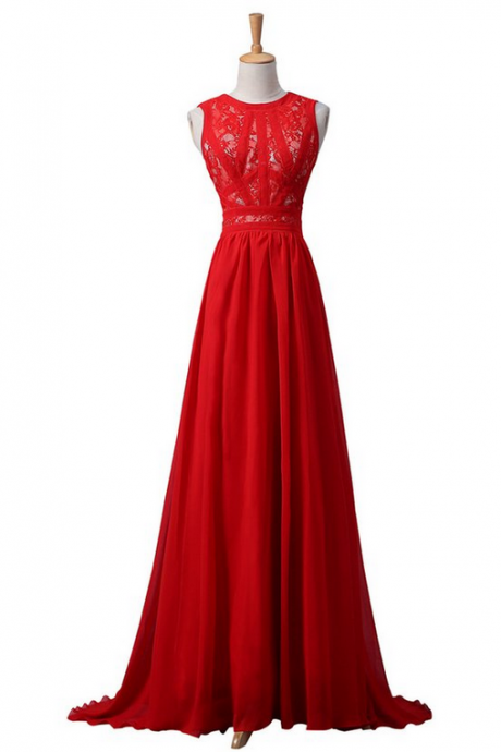 Red Lace Chiffon Beaded Long Prom\evening Dresses,sleeveless Lace Party Dresses,a-line Prom Dresses