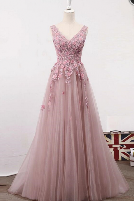 Pink Party Dress, Tulle Junior Prom Gown 2019, Long Formal Dress