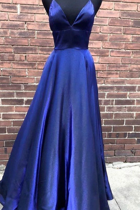 Prom Dress, Simple Elegant A Line V Neck Spaghetti Straps Navy Blue Long Prom Dress