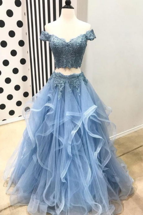 Blue Off The Shoulder Lace Long Prom Dress,two Piece Evening Dress With Ruffles
