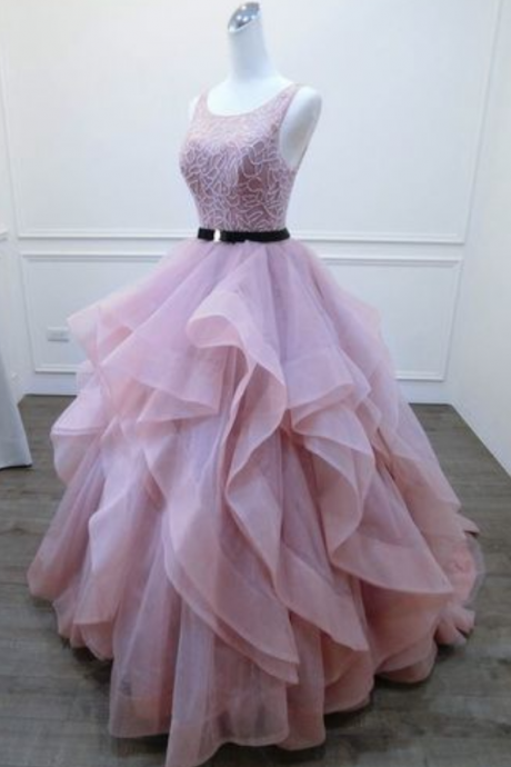 Tiered Skirt Prom Dress,Sexy Open Back Blush Pink Prom Gown,Colorful Wedding Dress