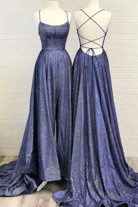 Simple Blue Satin Sweep Train Backless Lace Up Prom Dress, Evening Dress