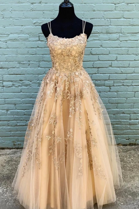 Stylish Champagne Tulle Custom Made Long Senior Prom Dress, Evening Dress With Applique
