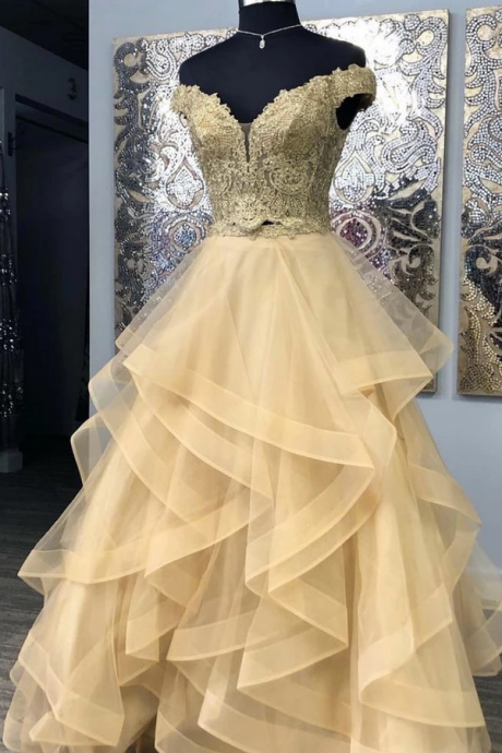 Champagne Tulle Off Shoulder Lace Long Two Pieces Prom Dress,