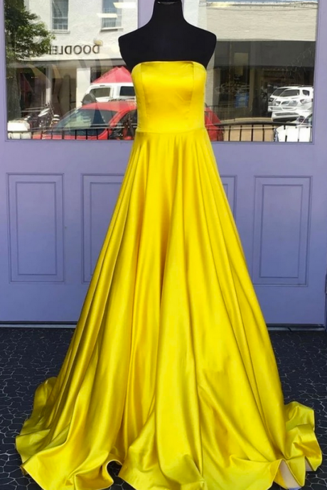 Simple Yellow Satin Strapless Long A Line Prom Dress, Evening Dress