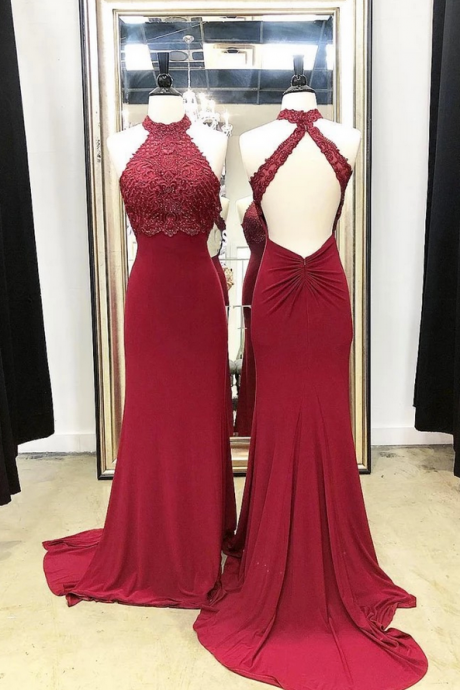 Deep Red Chiffon Lace Open Back Long Train Evening Dress, Prom Dress