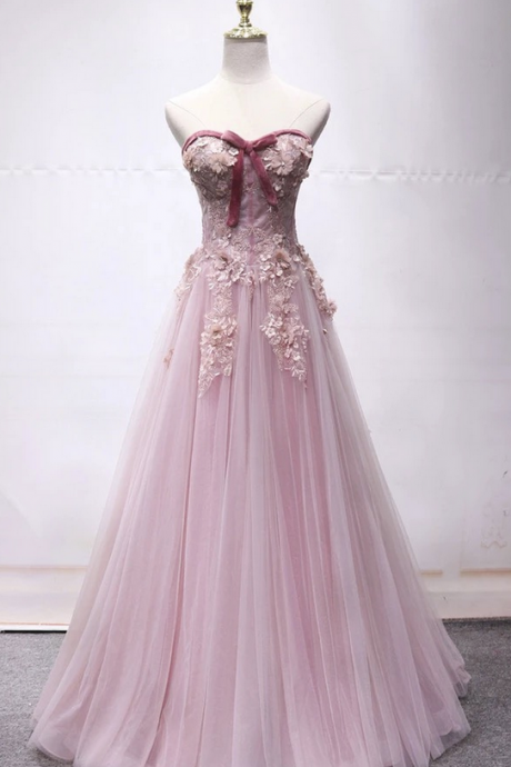 Sweetheart Pink Tulle Long Strapless A Line Prom Dress, Formal Dress