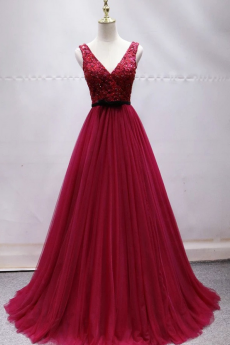 Wine Red Tulle Lace Sequins V Neck Long Prom Dress, Evening Dress