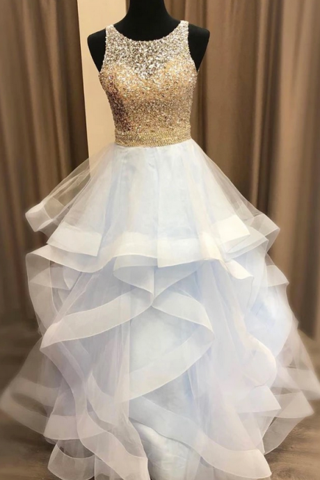Stunning Baby Blue Tulle Sequined Long Senior Prom Dress, Evening Dress